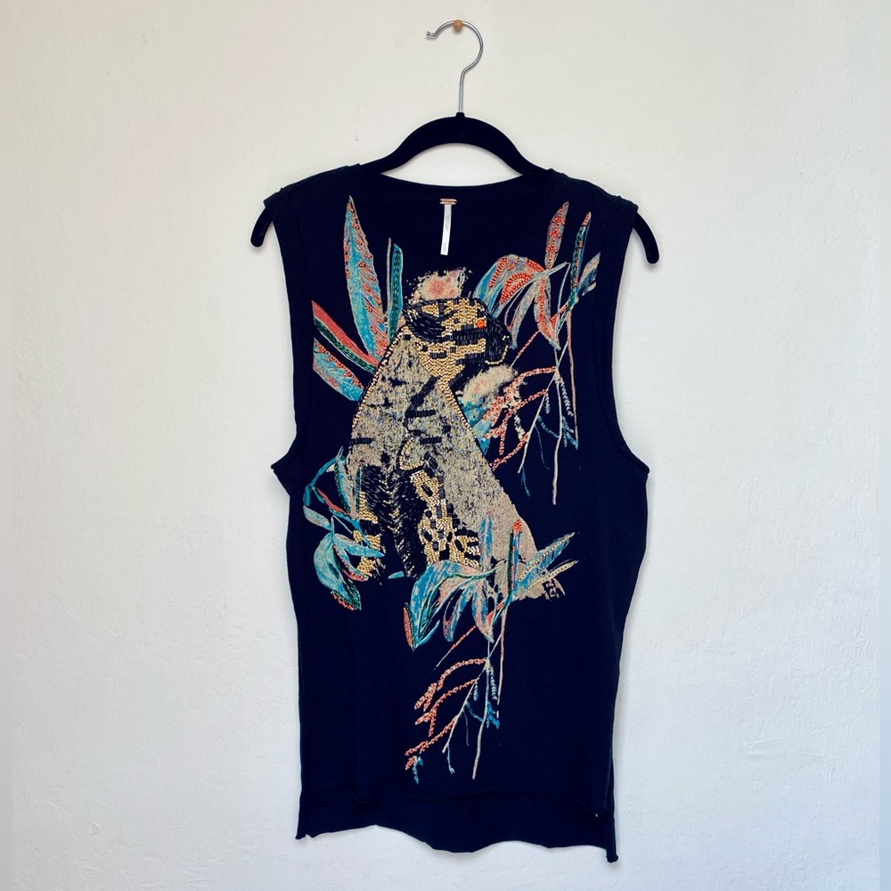 Free People Jungle Bay Black Split Tunic with Beaded Jaguar